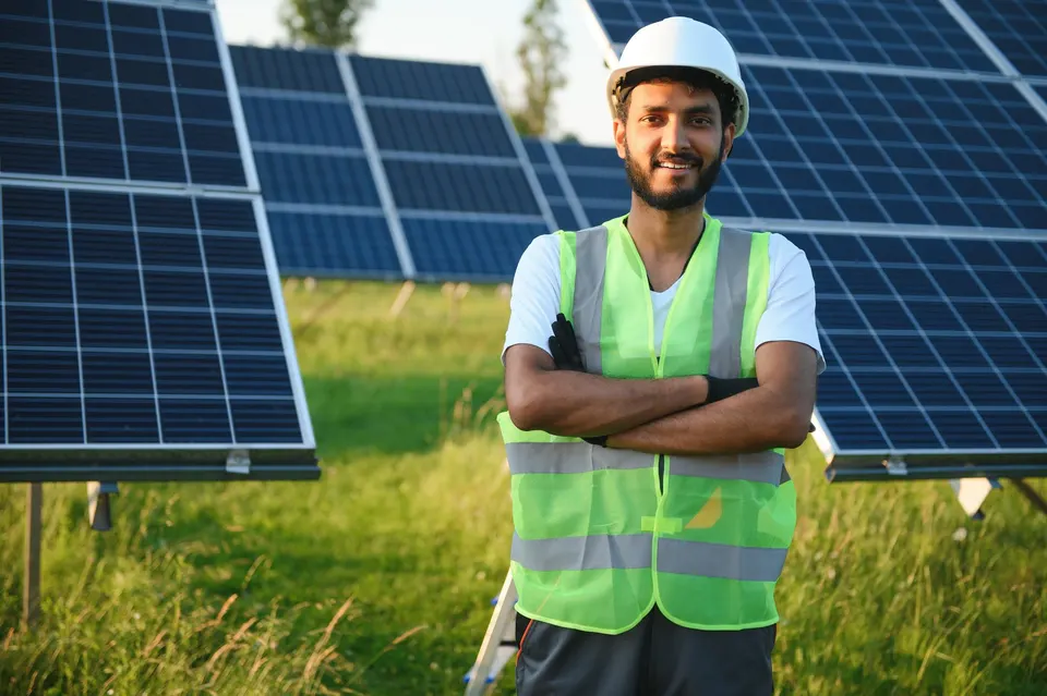 Solar technician wearing a safety helmet and reflective vest beside solar panels